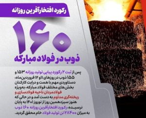 ثبت رکورد تولید روزانه ۱۶۰ ذوب در فولاد مبارکه تبلور خودباوری و تکیه‌ بر توان داخلی